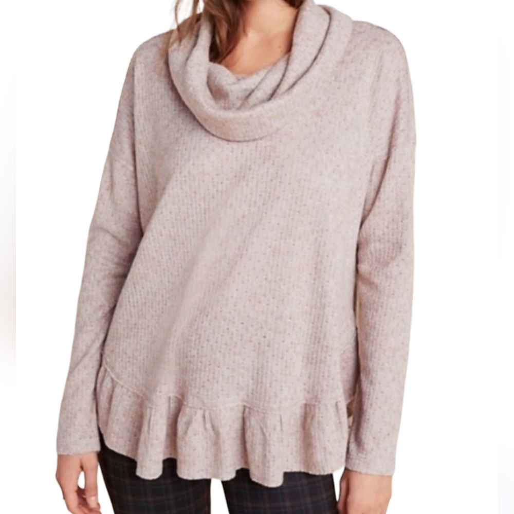 Anthropologie Maeve Cowl Neck Long Sleeve Ruffled Hacci Pullover Top Pink Medium
